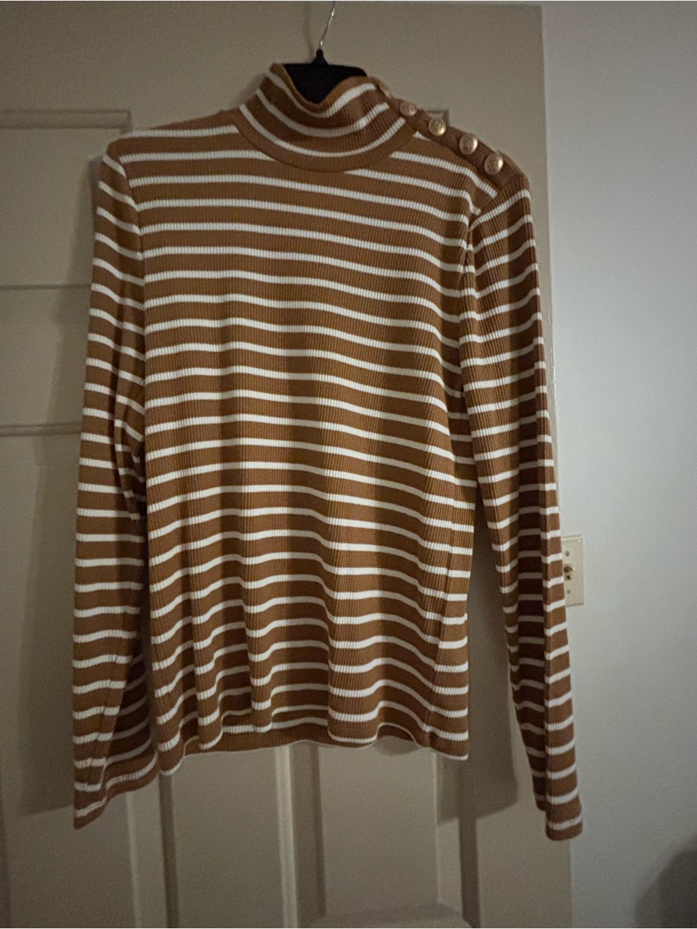 J. Crew Tan and White Striped Turtleneck with Shoulder Buttons